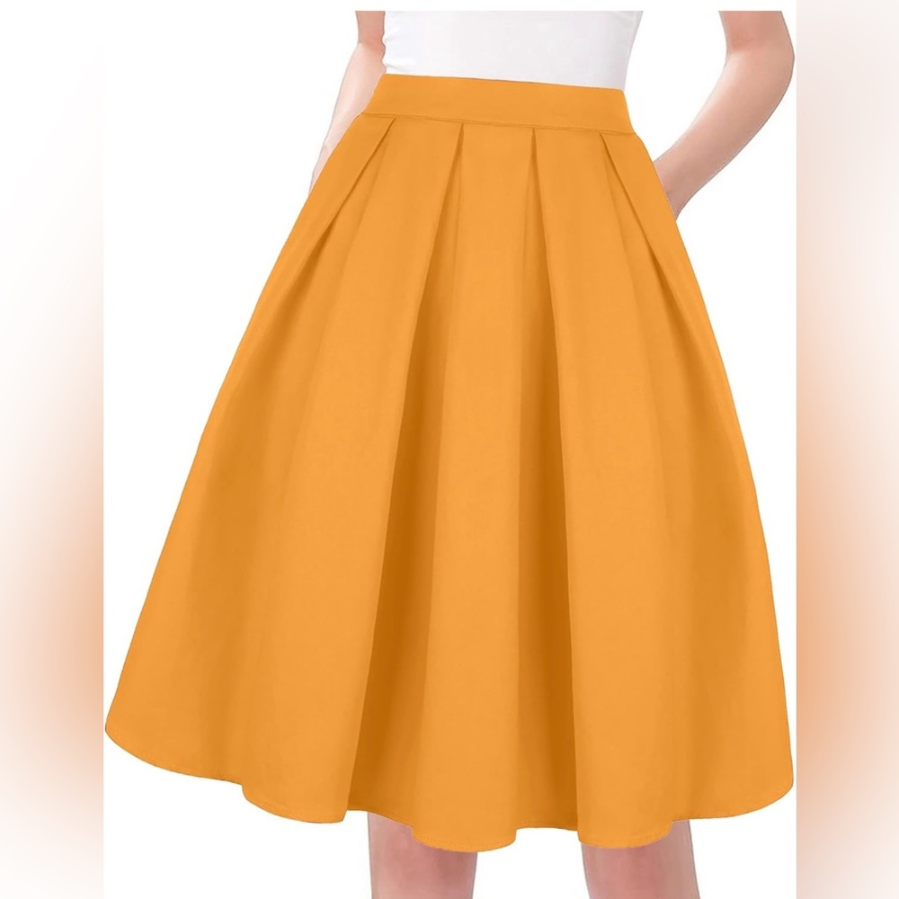 Women's Vintage A-line Printed Orange color Midi Skirt with Pockets, Medium